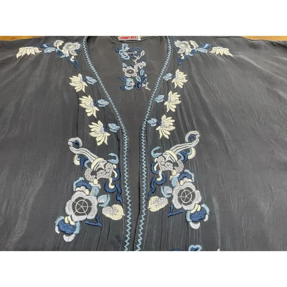 Johnny Was Gray/ Blue Embroidered Floral Open-Front Kimono Jacket 3/4 M FLAW